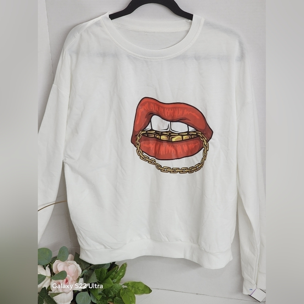 White Sweatshirt with Red Lips Graphic